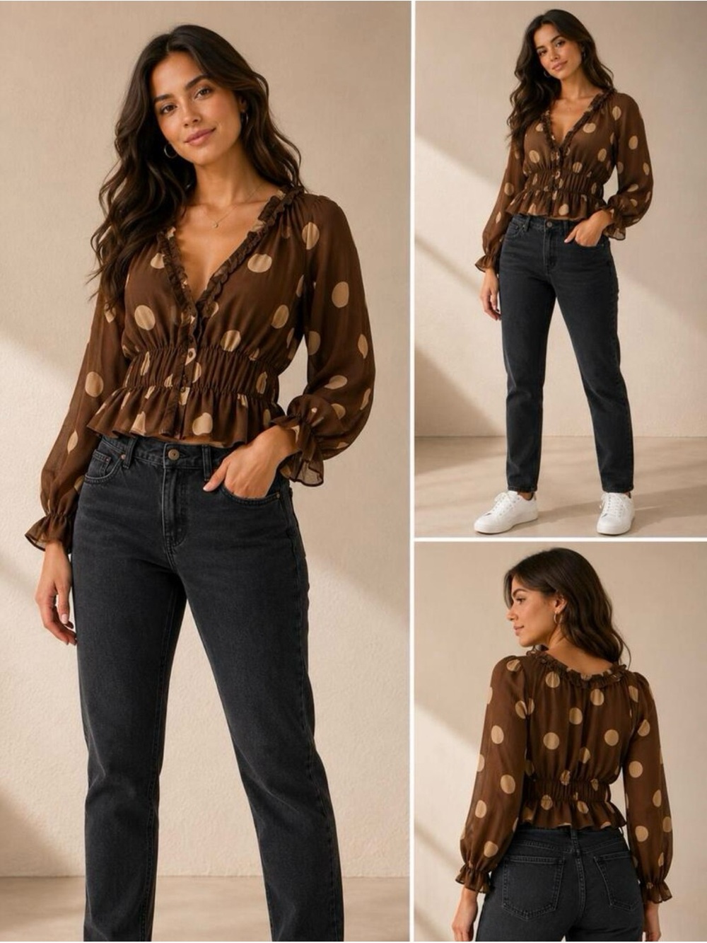 Parker Brown Polka Dot 2 Piece Set Blouse Shirt Top Cami Ruffle Peplum Size M
